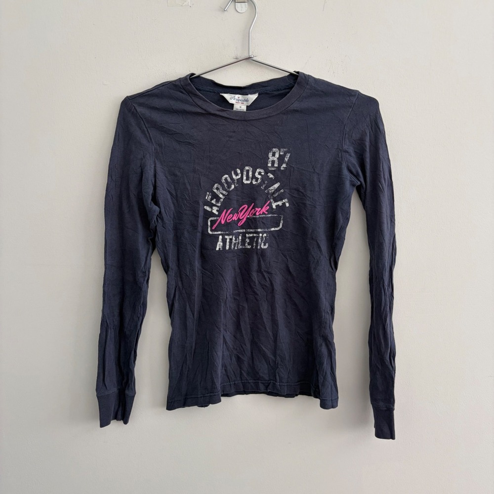 Aeropostale Baby Tee Navy Blue Long Sleeve Graphic T-Shirt Medium
